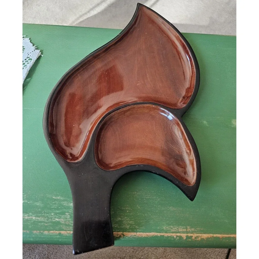 Vintage Wood Leaf Shaped Tray 2 Sections 17 Inches Long Made In Haiti